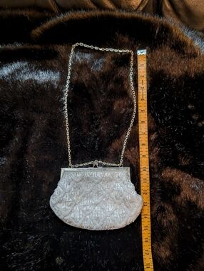 Vintage Beaded Evening Bag in White with Silver Chain